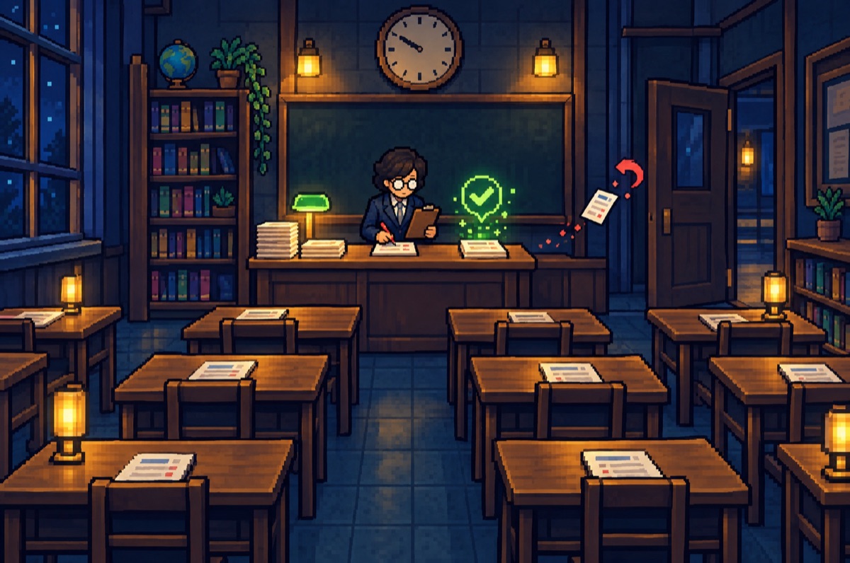 Vice Principal Moore grading at a desk, one paper glowing green, another sent back